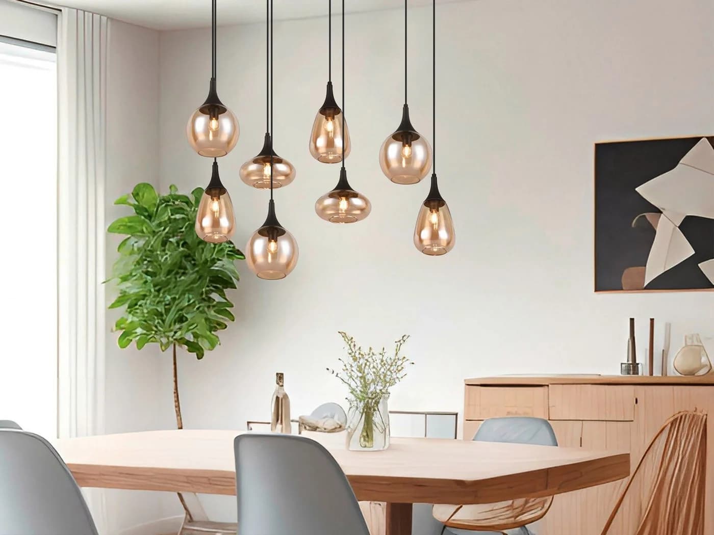 TRIO Leuchten LED Pendelleuchte Retro 8-flammig Schwarz Amber