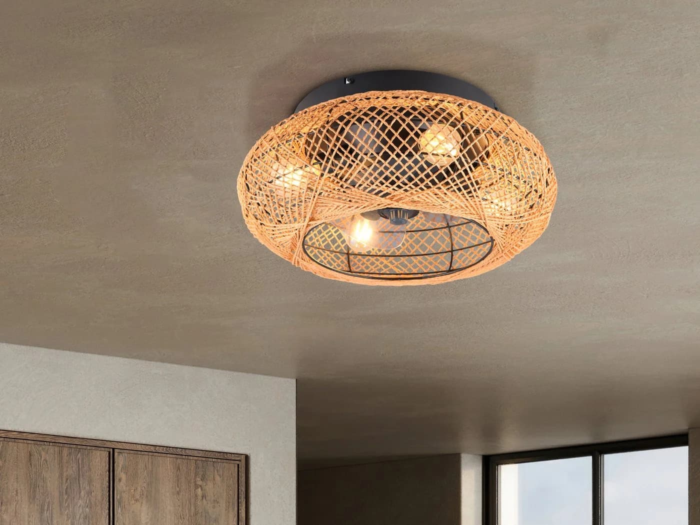 Reality Leuchten LED Deckenleuchte mit Ventilatorfunktion, Boho Style, warmweiß