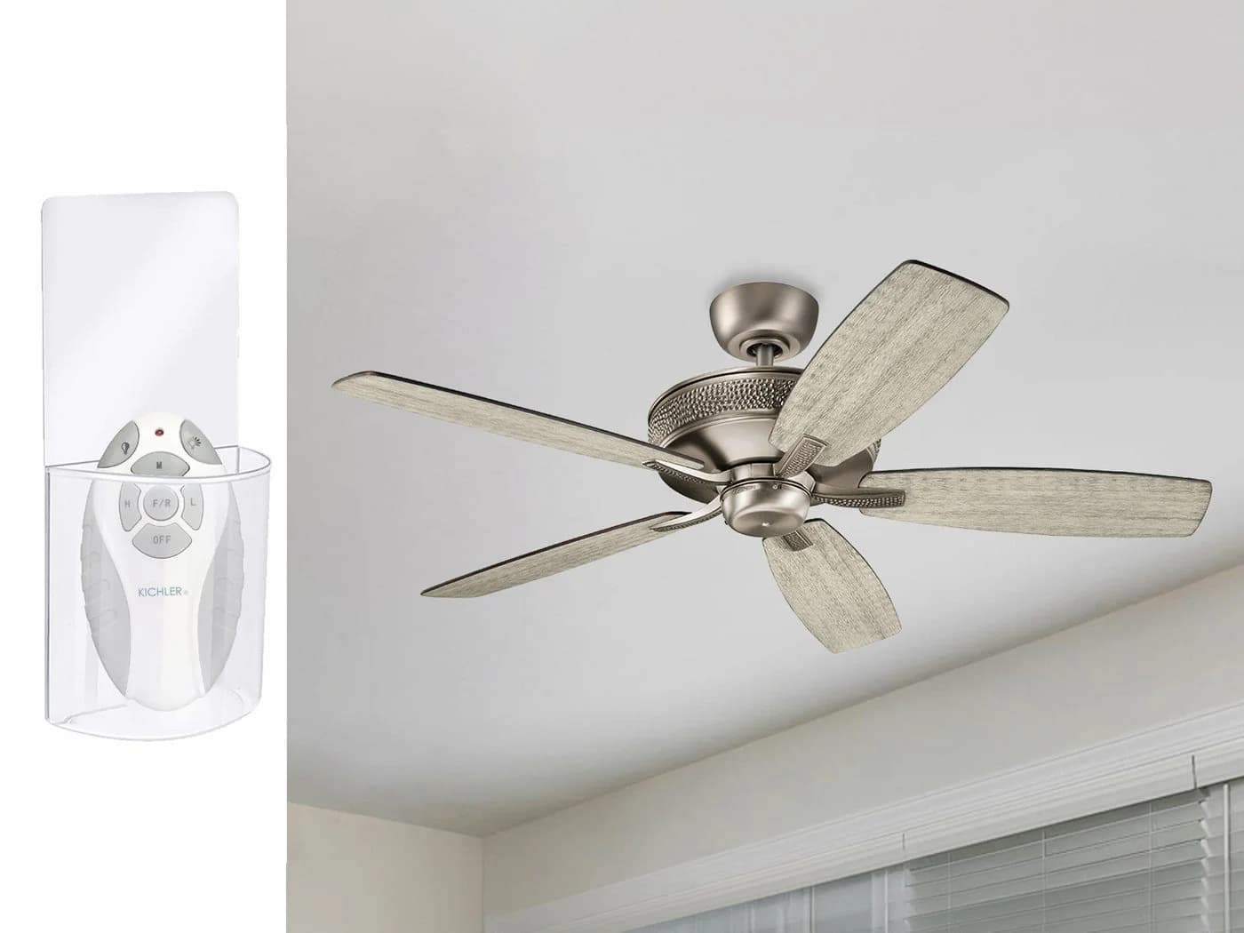 Kichler Deckenventilator 132cm Zinn antik Echtholzflügel Fernbedienung