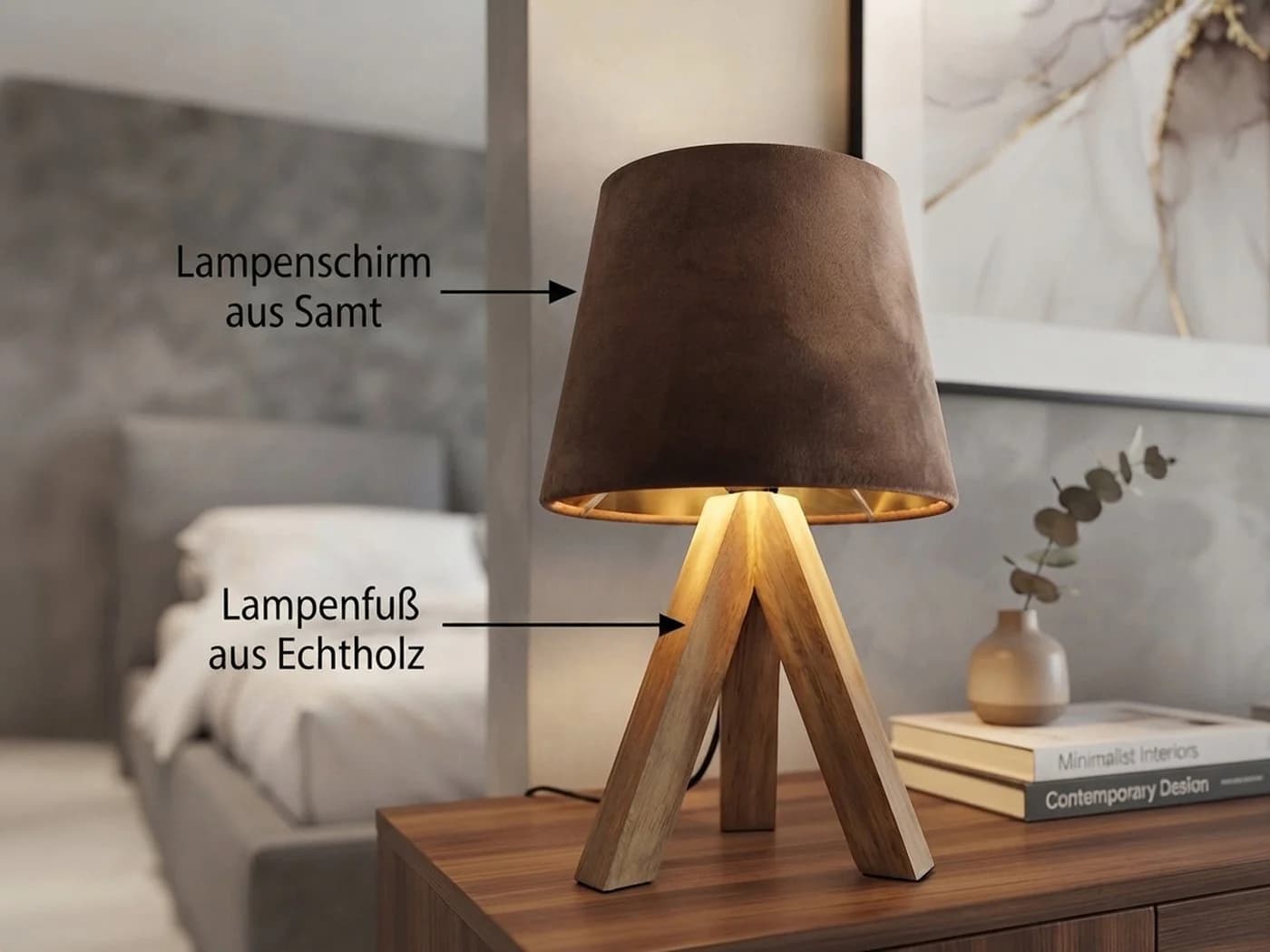 meineWunschleuchte Nachttischlampe Skandi Holz Dreibein Samt Braun - Bild 3
