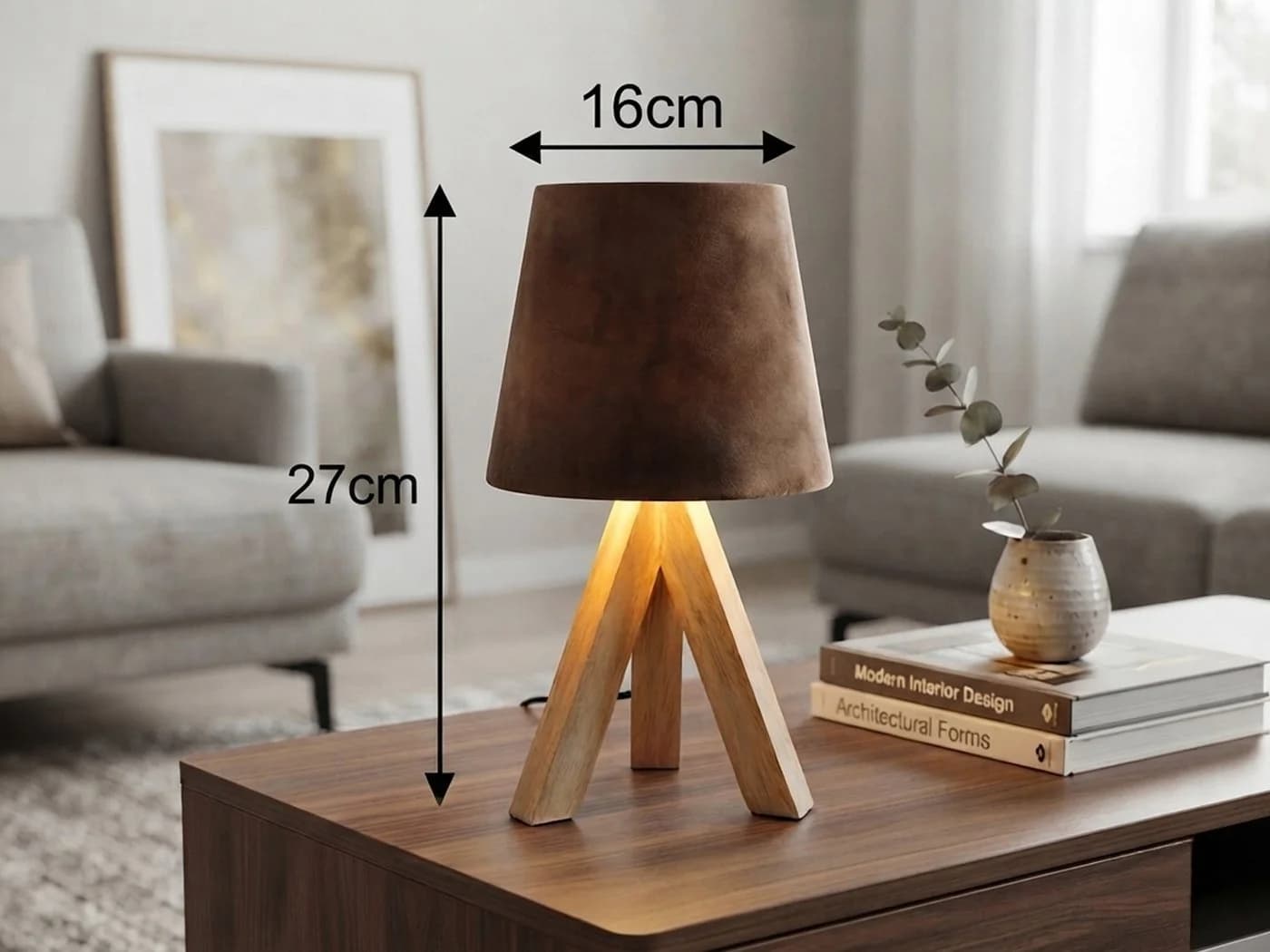 meineWunschleuchte Nachttischlampe Skandi Holz Dreibein Samt Braun - Bild 4