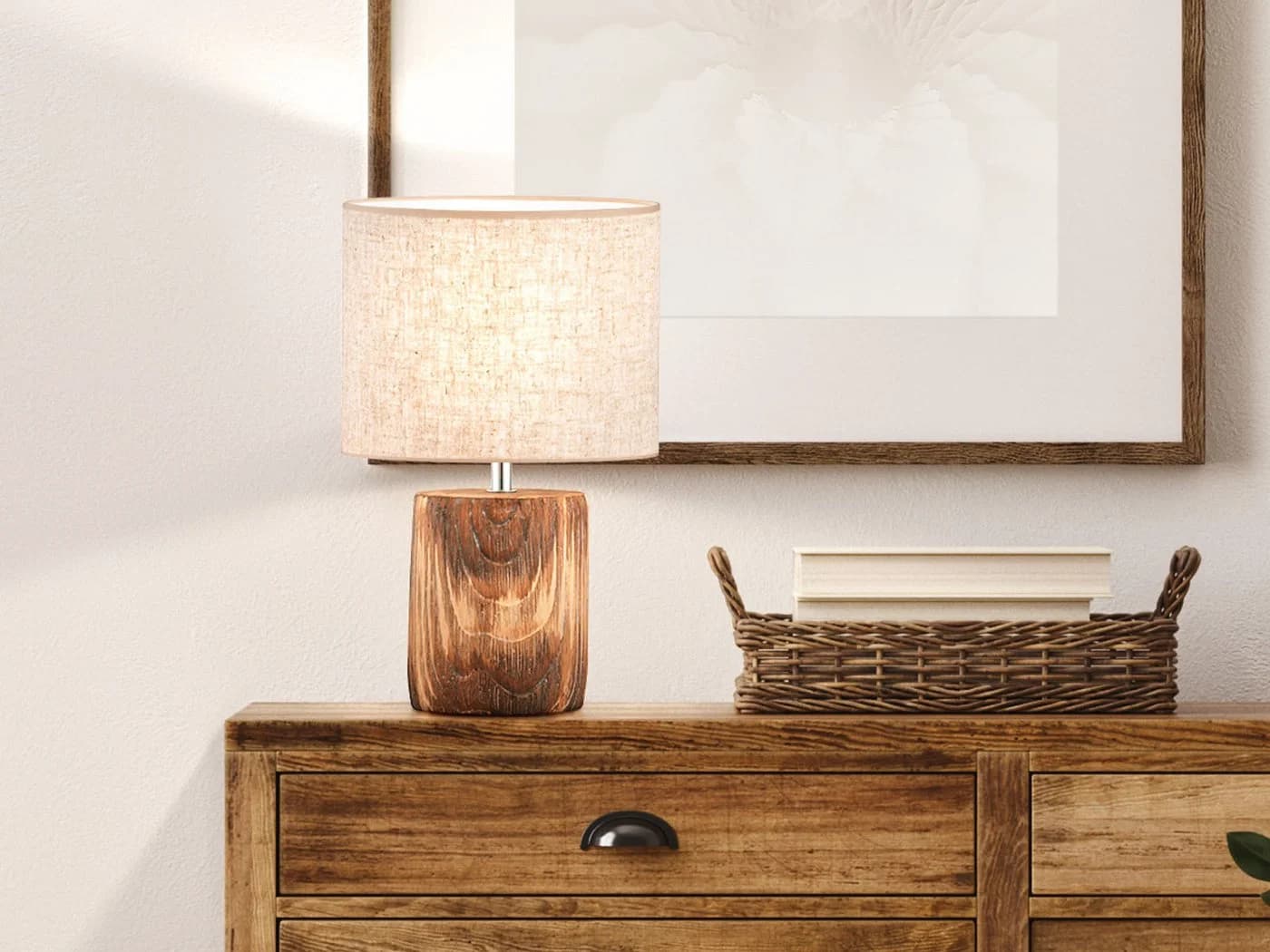 FISCHER & HONSEL LED Nachttischlampe Beige Beton Holzoptik Dimmbar
