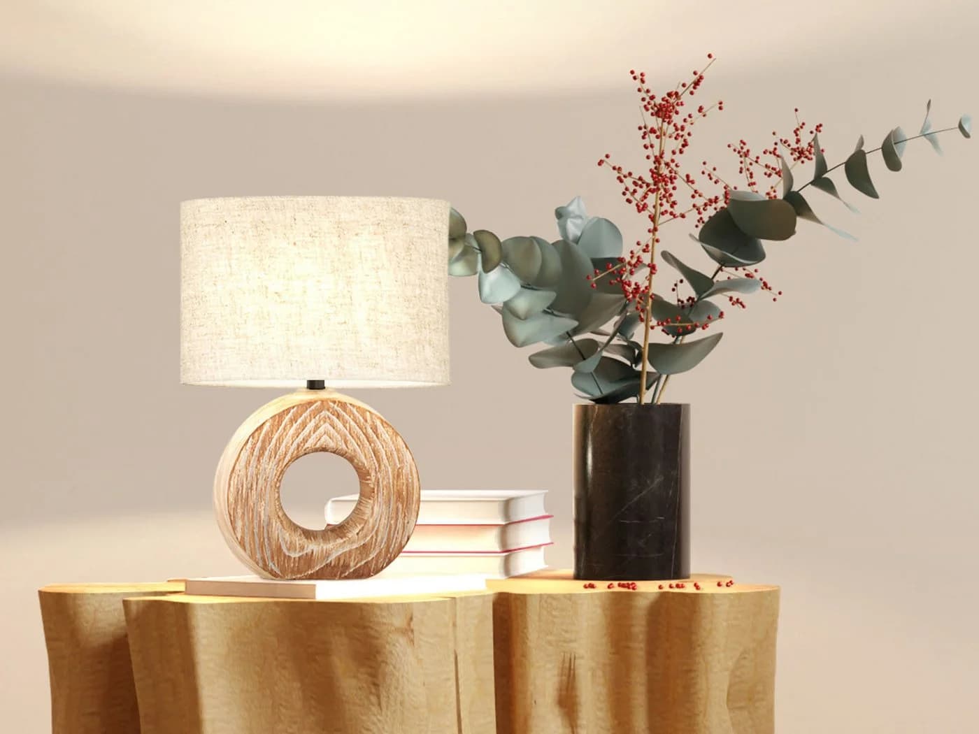 FISCHER & HONSEL LED Nachttischlampe Skandi Keramik Leinen Beige Dimmbar