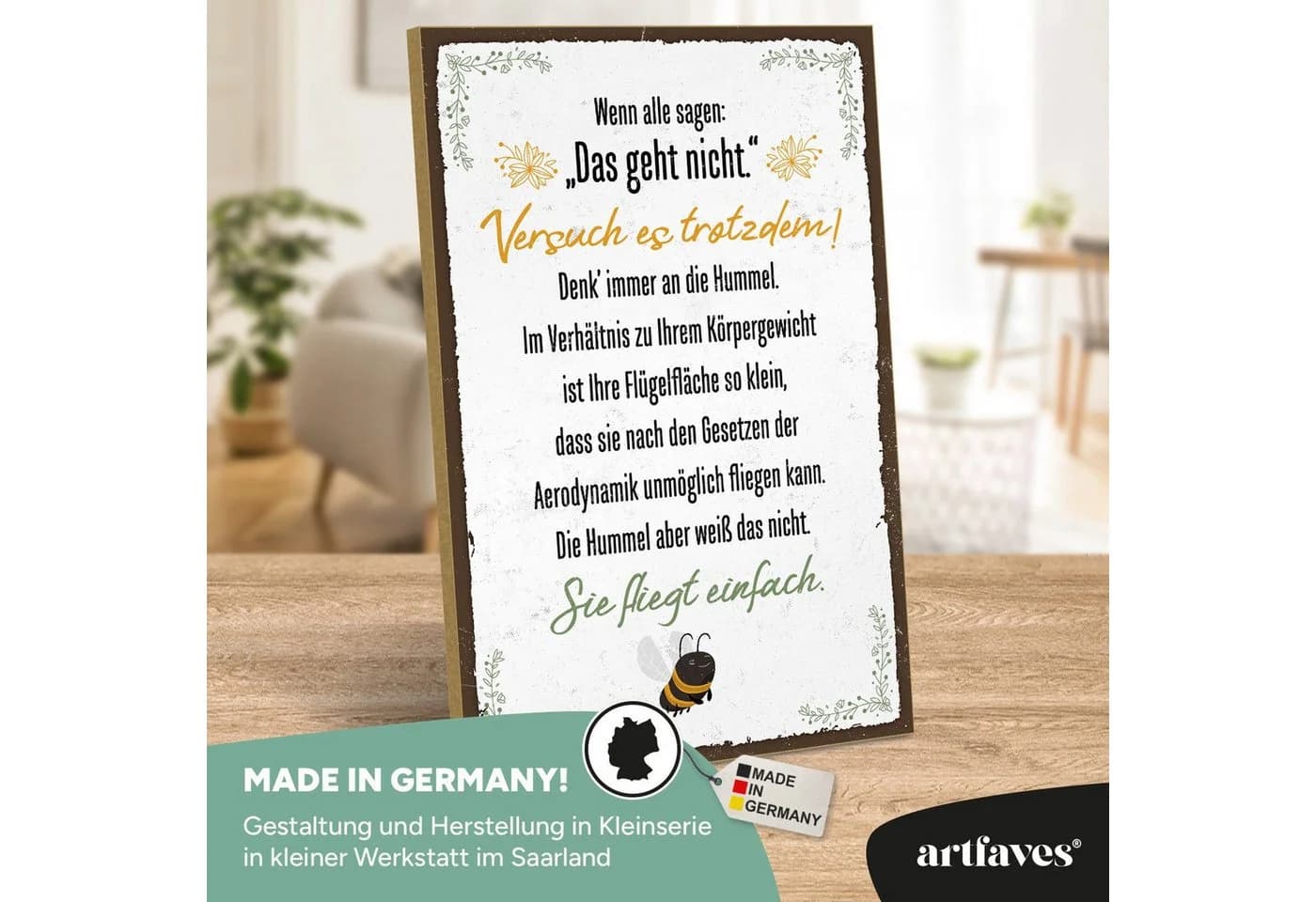 ARTFAVES Holzschild Spruch Hummel Fliegt Einfach Motiv Deko