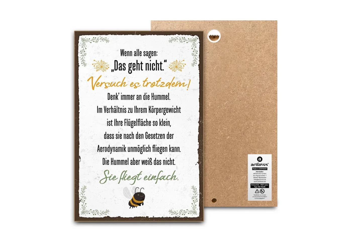 ARTFAVES Holzschild Spruch Hummel Fliegt Einfach Motiv Deko - Bild 2