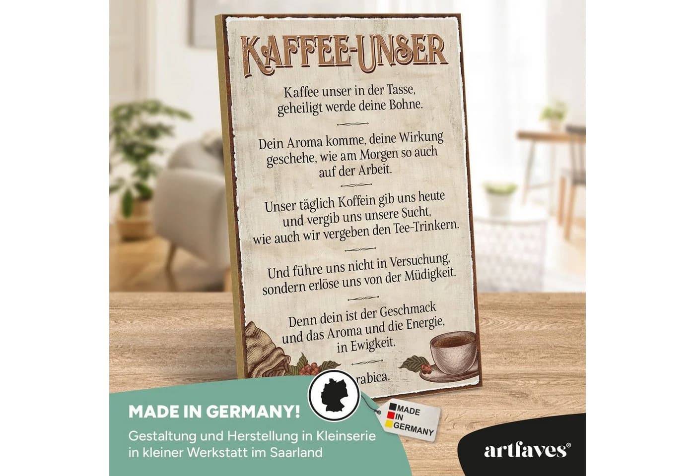 ARTFAVES Holzbild Schild mit Spruch Kaffee-Unser Kaffee Deko