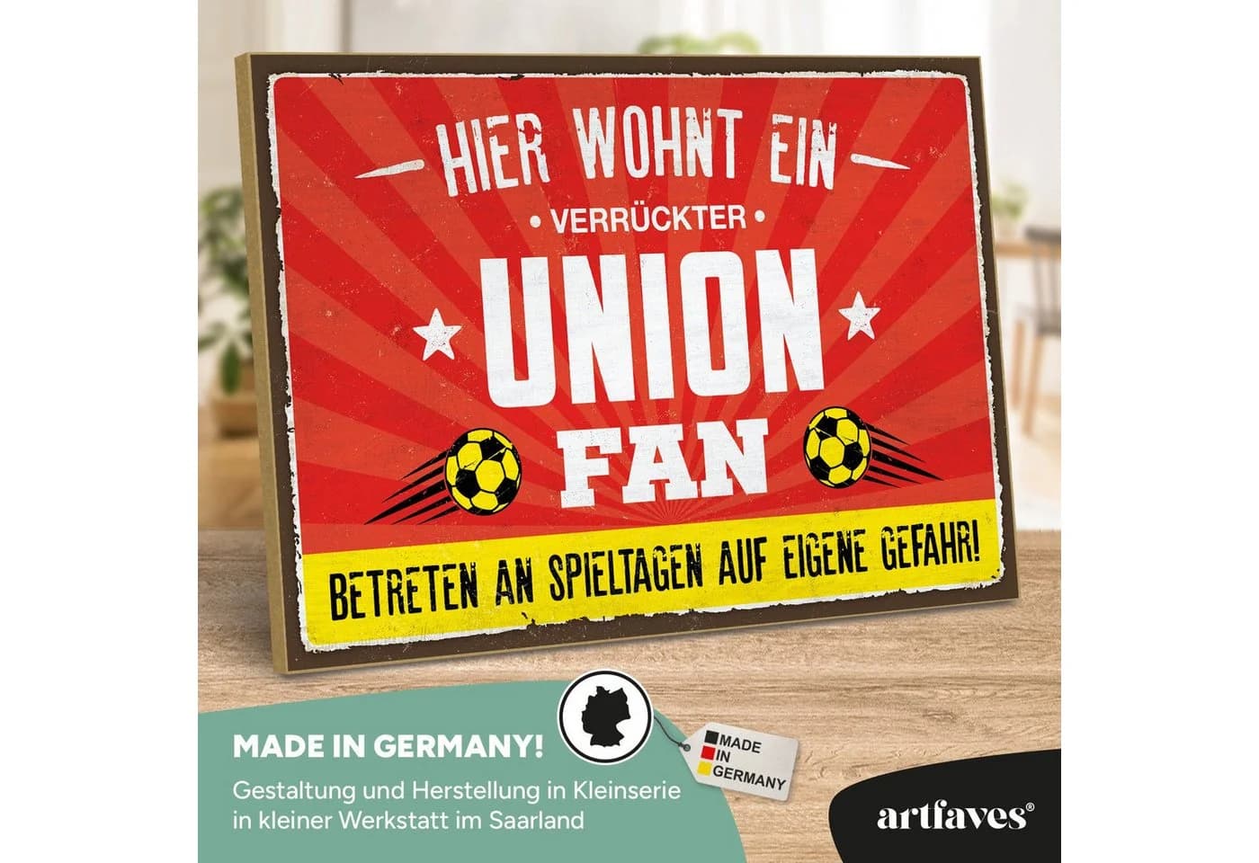 ARTFAVES Holzbild Schild mit Spruch - Hier wohnt ein verrückter UNION Fan - Fussball