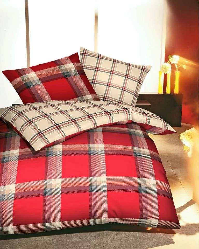 JACK Biber-Bettwäsche Set Rot Beige Blau Kariert - Bild 4