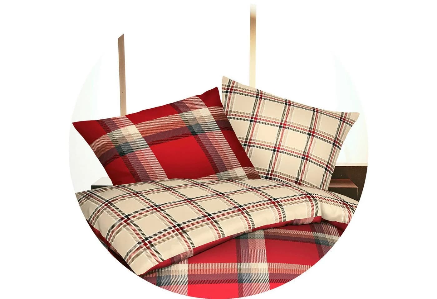 JACK Biber-Bettwäsche Set Rot Beige Blau Kariert - Bild 5