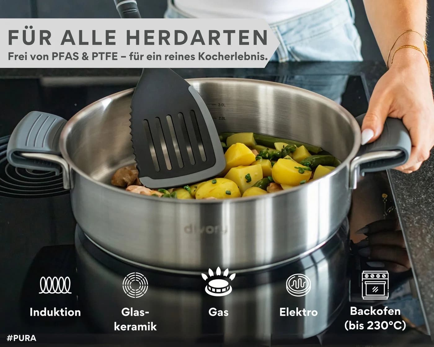 DIVORY Schmorpfanne Edelstahl unbeschichtet mit Deckel Induktion 28 cm