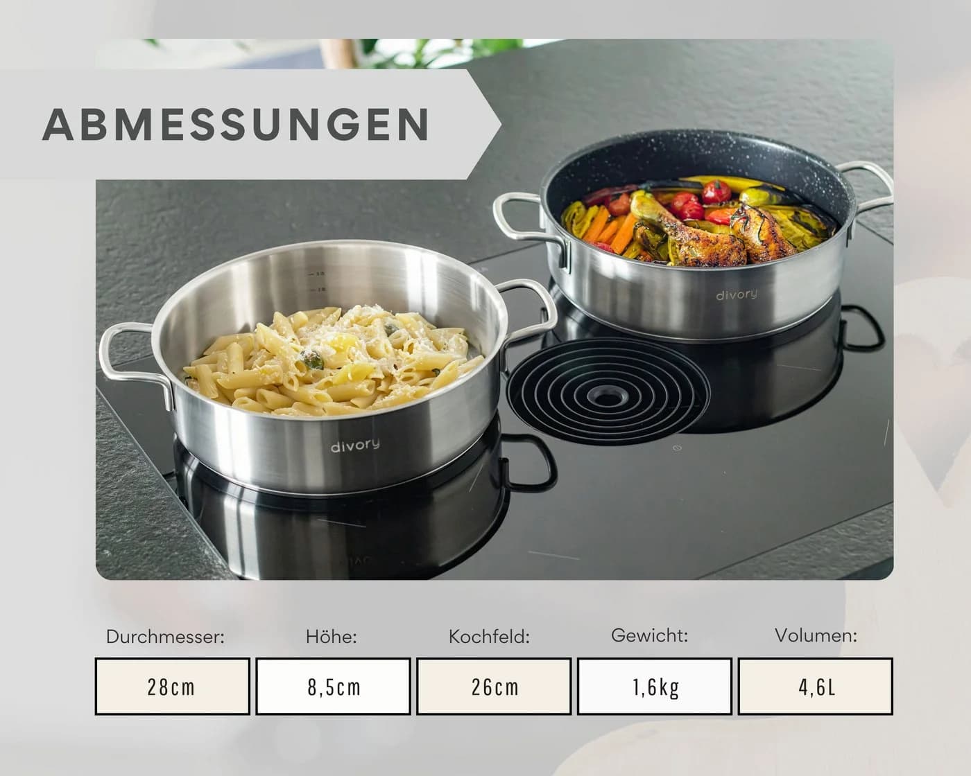 DIVORY Schmorpfanne Edelstahl unbeschichtet mit Deckel Induktion 28 cm - Bild 3