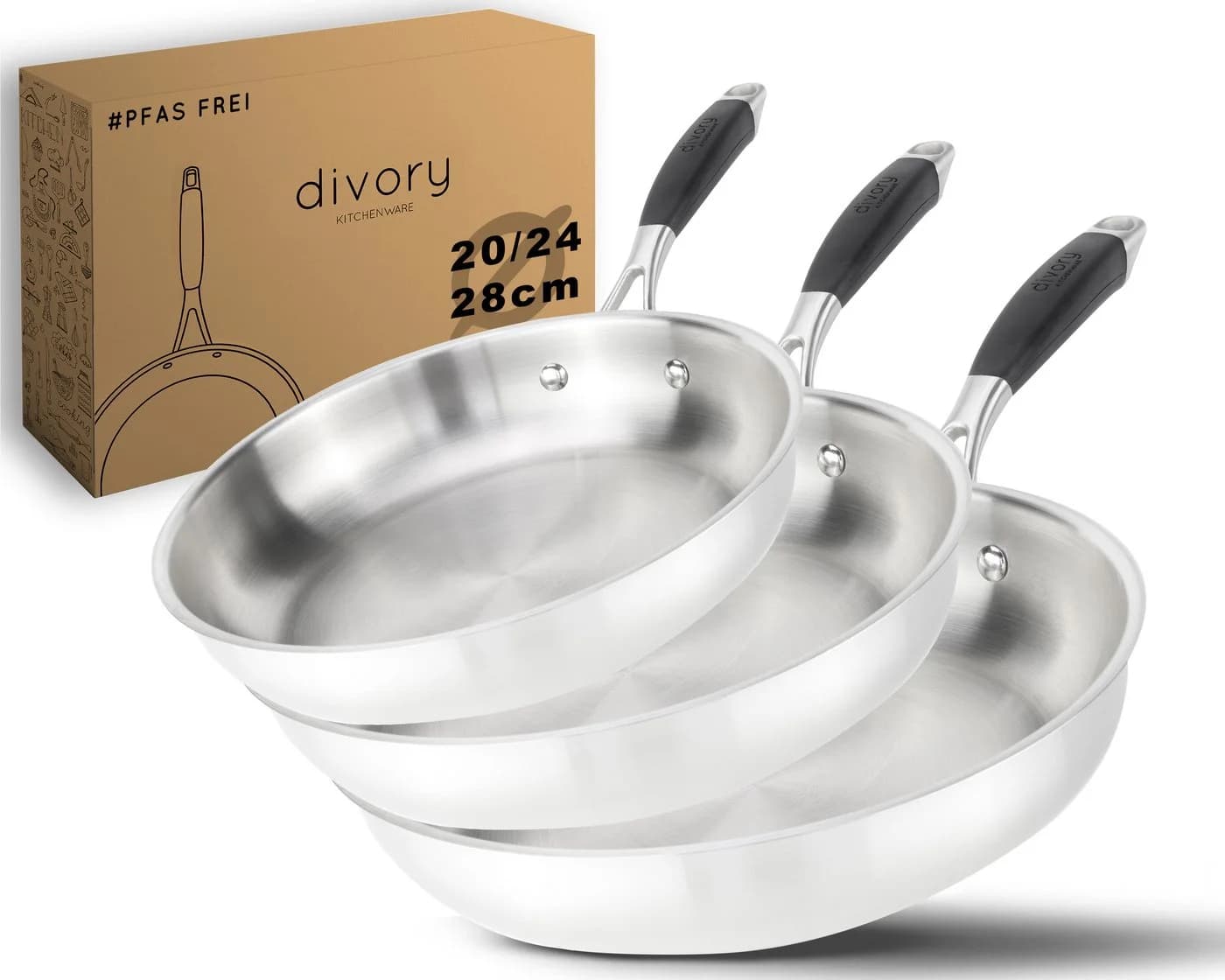divory Pfannen-Set 3er Set Edelstahl unbeschichtet Induktion 20/24/28cm Silber - Bild 2