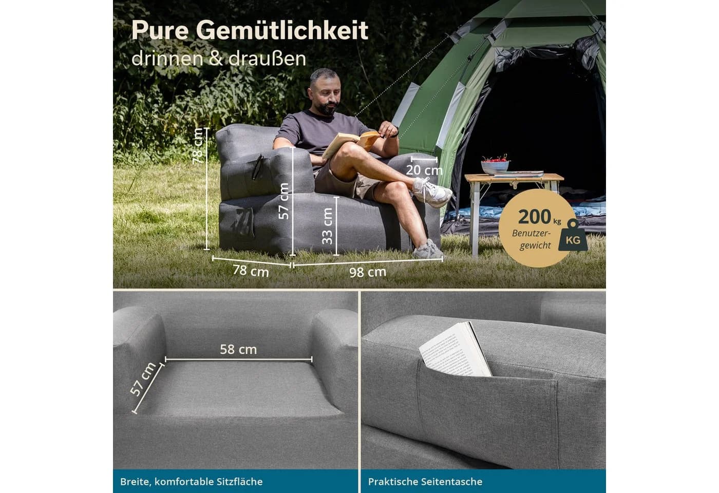 Skandika Luftsofa Easy Air Premium, Aufblasbares Sofa Outdoor, 1 Person, mit Elektropumpe, USB-C Ladekabel, 200 kg belastbar