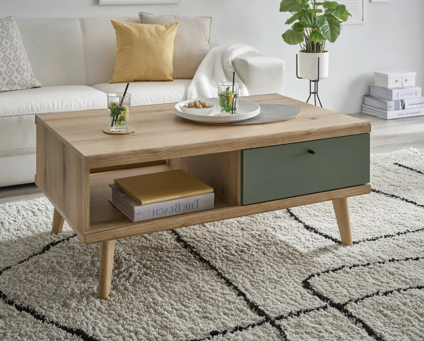 Furn.Design Couchtisch Juna Salbei Grün Eiche Dekor mit 2 Schubladen