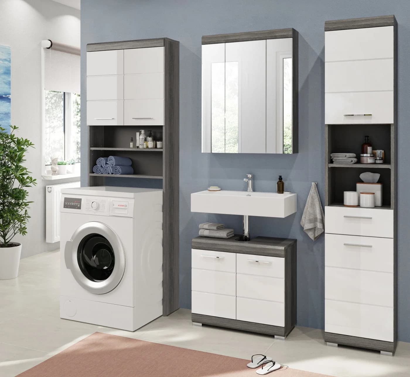 Inn.Furn Waschmaschinenschrank Shawn Weiß Hochglanz Rauchsilber - Bild 5