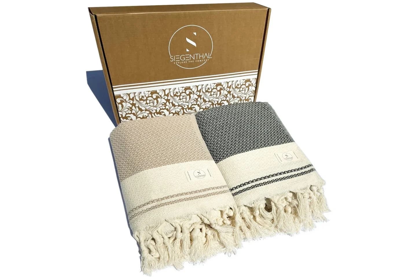 SIEGENTHAL Hamamtuch 90x200 cm 2er Set Beige Schwarz Baumwolle - Bild 2