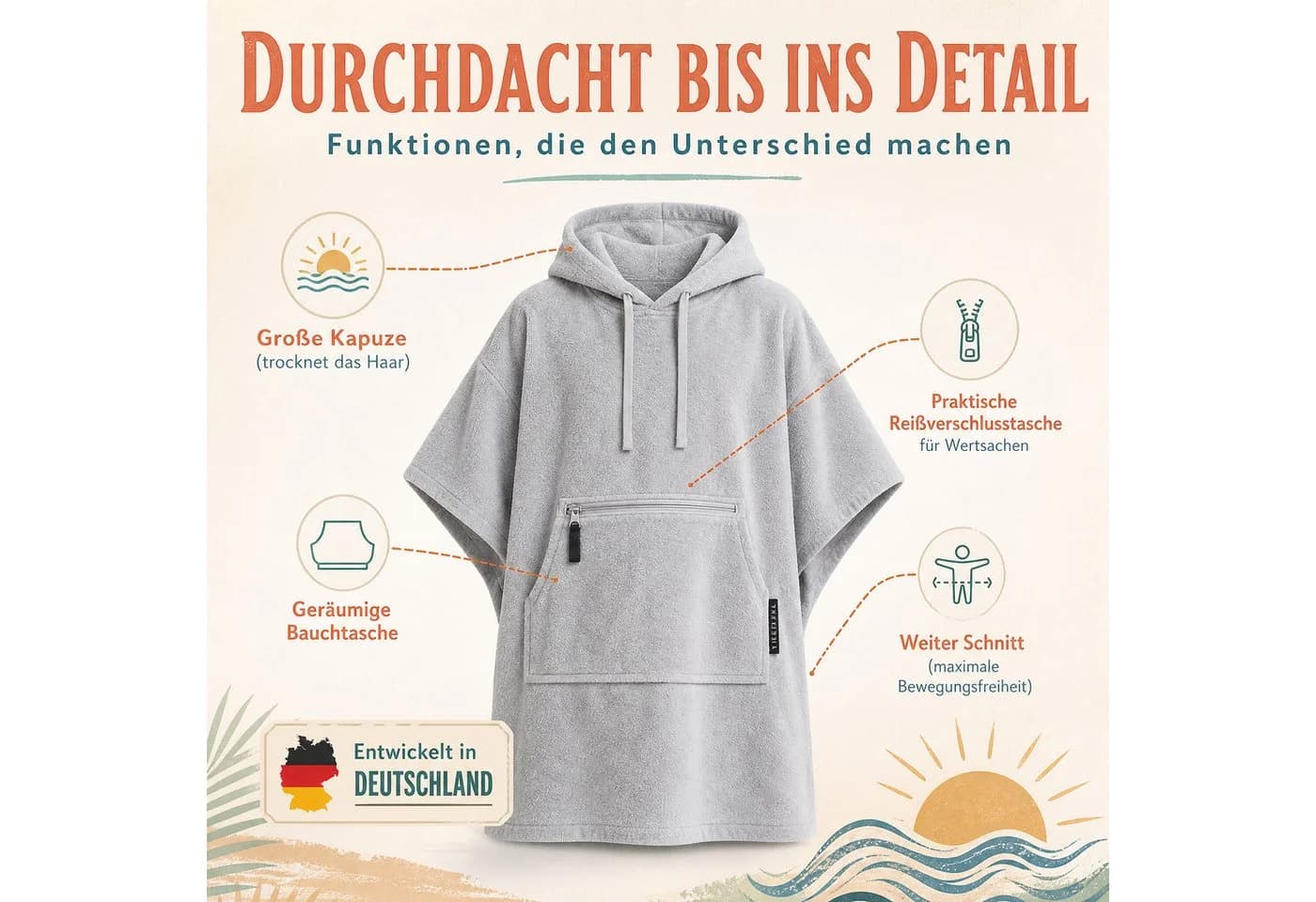 SIEGENTHAL Strandponcho Hellgrau aus Baumwolle mit Reißverschlusstasche - Bild 3