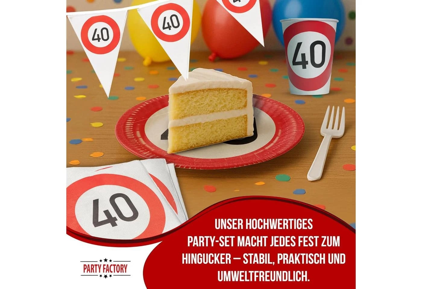 Party Factory Geschirr-Set Happy Birthday 40 – 37-tlg. Verkehrsschild-Design - Bild 3
