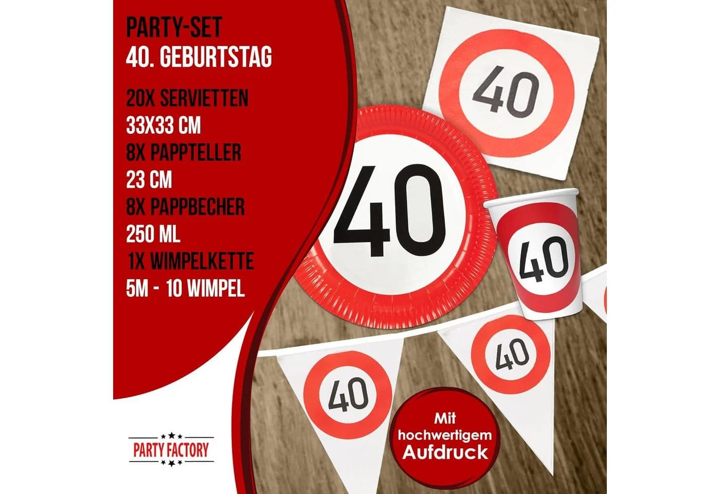 Party Factory Geschirr-Set Happy Birthday 40 – 37-tlg. Verkehrsschild-Design - Bild 4
