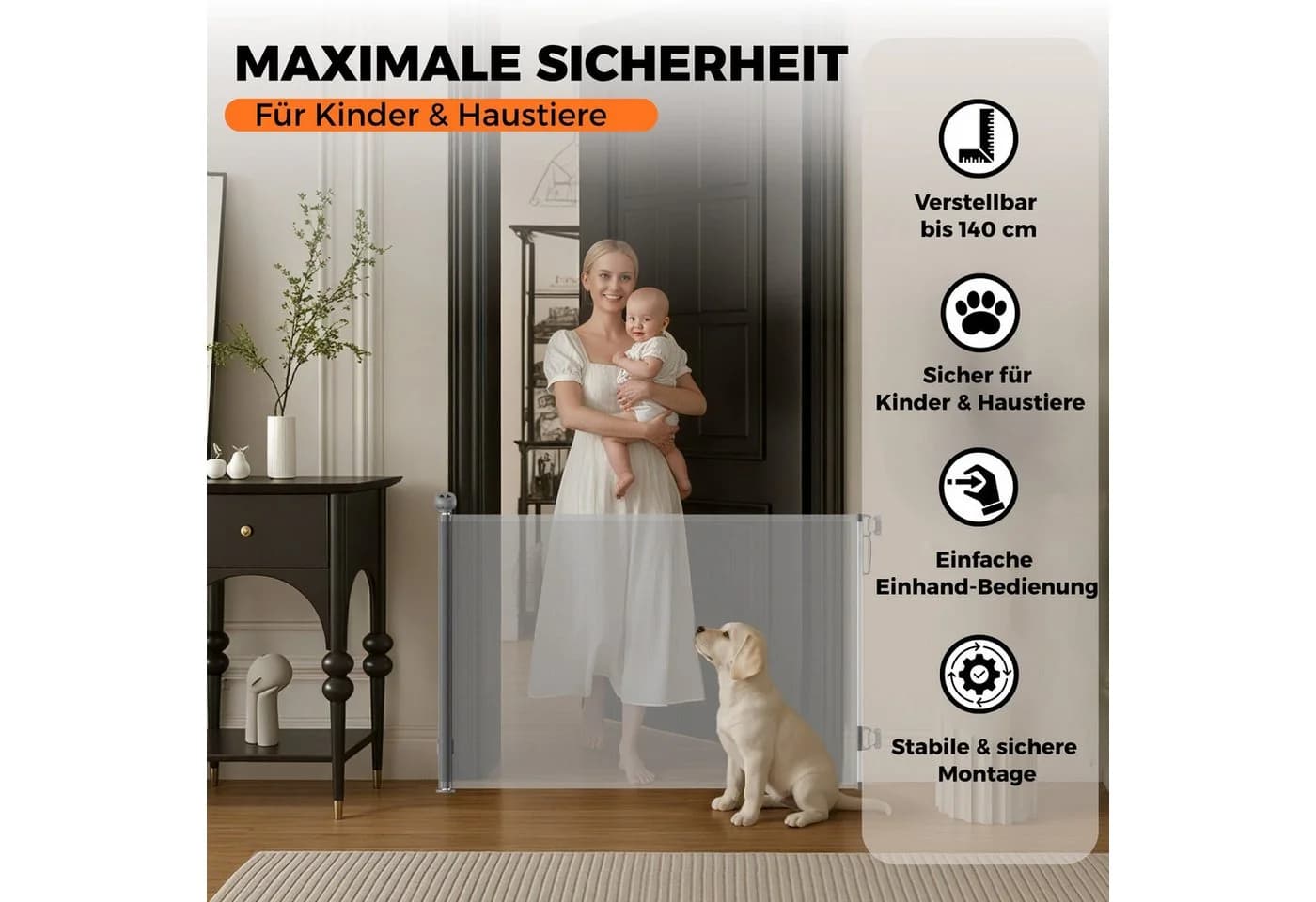 Allyson Treppenschutzgitter Ausziehbar - Tür- und Treppengitter für Kinder & Haustiere, sicher, stabil und einfach zu montieren - Bild 3