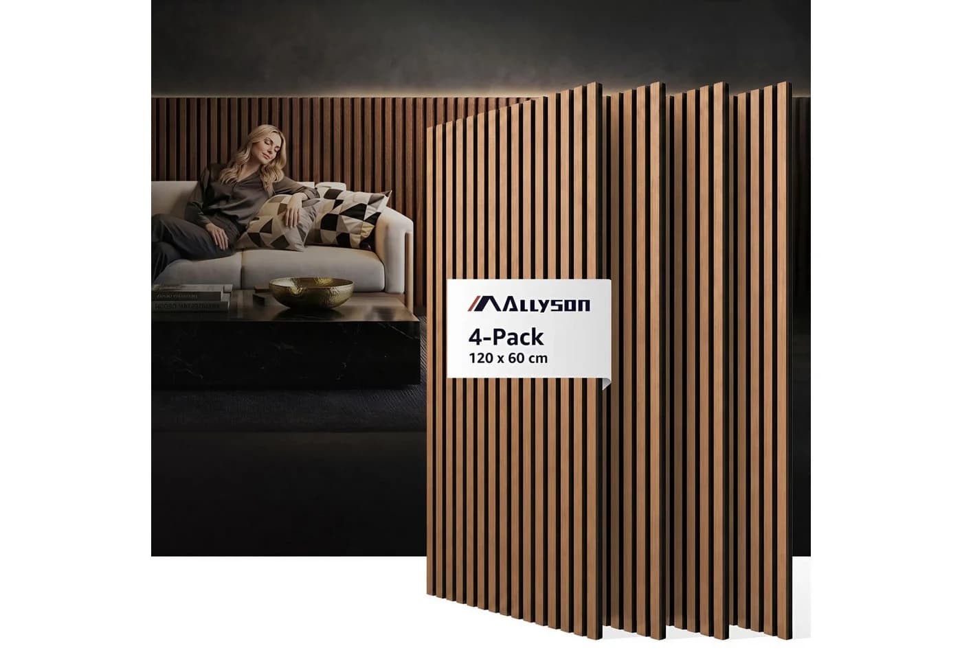 Allyson Akustikpaneel 3D-Lamellen Wanddekoration Braun Holzoptik 4er-Set - Bild 2