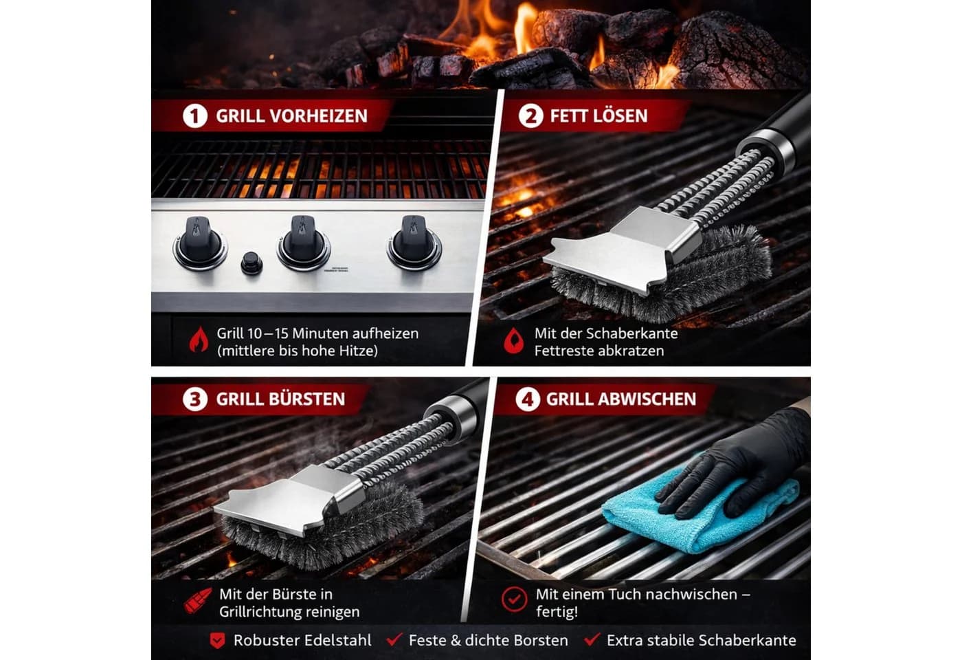 RUHE Grillbürste Profi mit Schaber Edelstahl Borsten