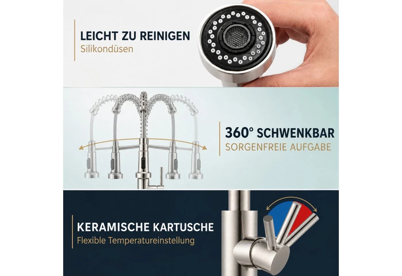 RUHE Küchenarmatur mit ausziehbarer Brause, 360° schwenkbar, Edelstahl - Bild 5