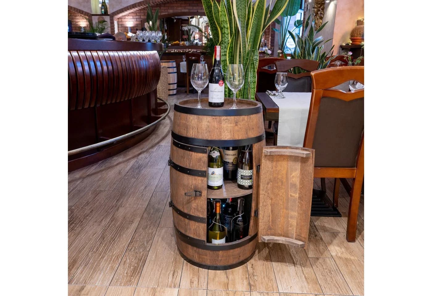 Holzfass Hausbar mit LED Weinregal Retro Design Braun