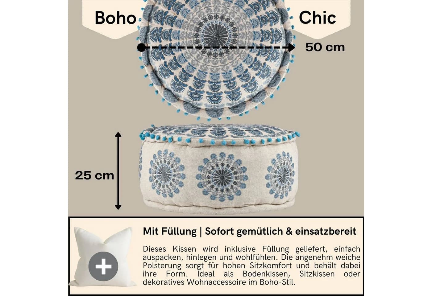 Marrakesch Orient & Mediterran Interior Pouf Garet Blau, runder Baumwoll-Sitzpouf bestickt 50x25 cm - Bild 3