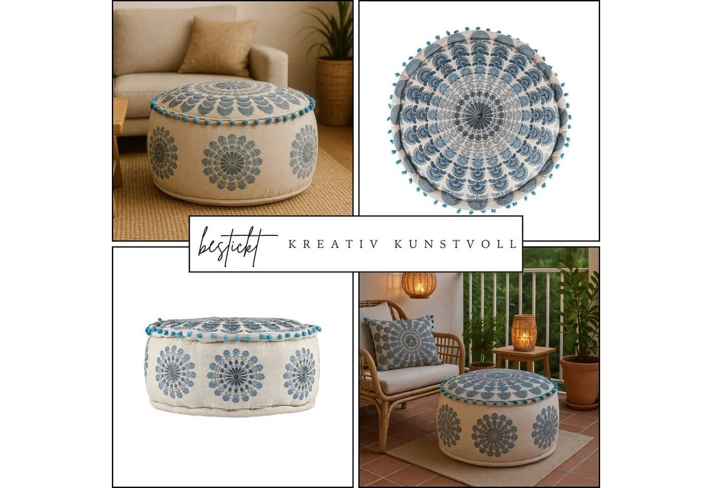 Marrakesch Orient & Mediterran Interior Pouf Garet Blau, runder Baumwoll-Sitzpouf bestickt 50x25 cm - Bild 4