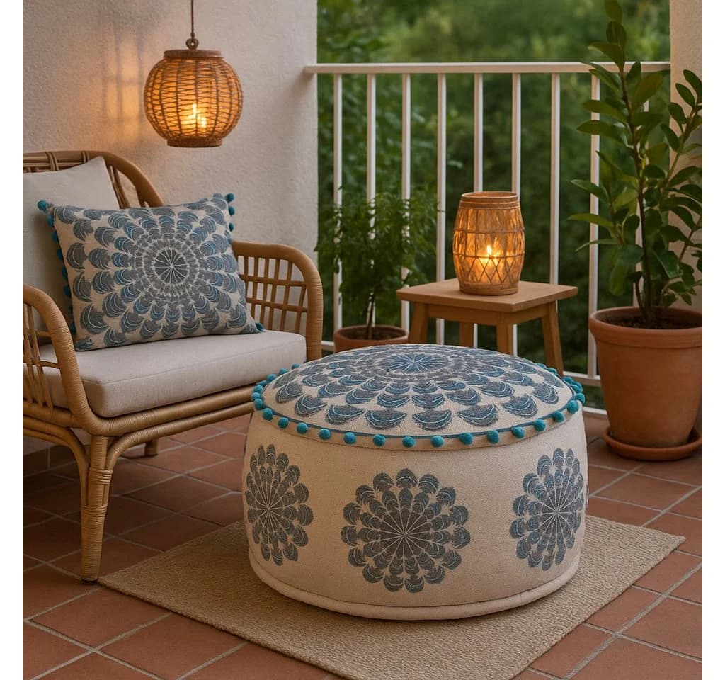 Marrakesch Orient & Mediterran Interior Pouf Garet Blau, runder Baumwoll-Sitzpouf bestickt 50x25 cm - Bild 5