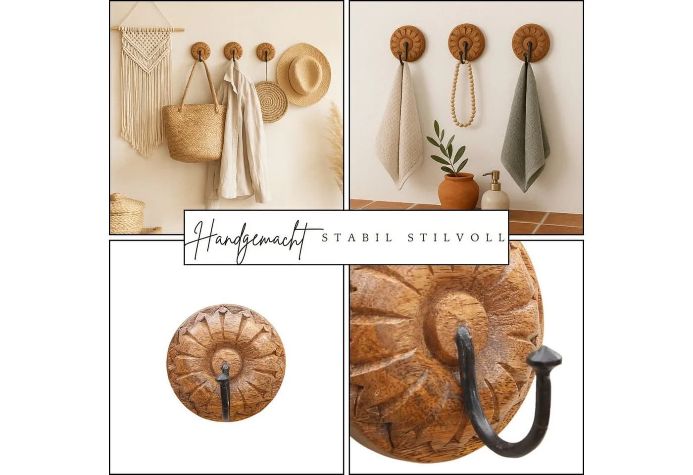 Marrakesch Orient & Mediterran Interior Handtuchhalter Boho Haken 9cm Holz Metall - Bild 5