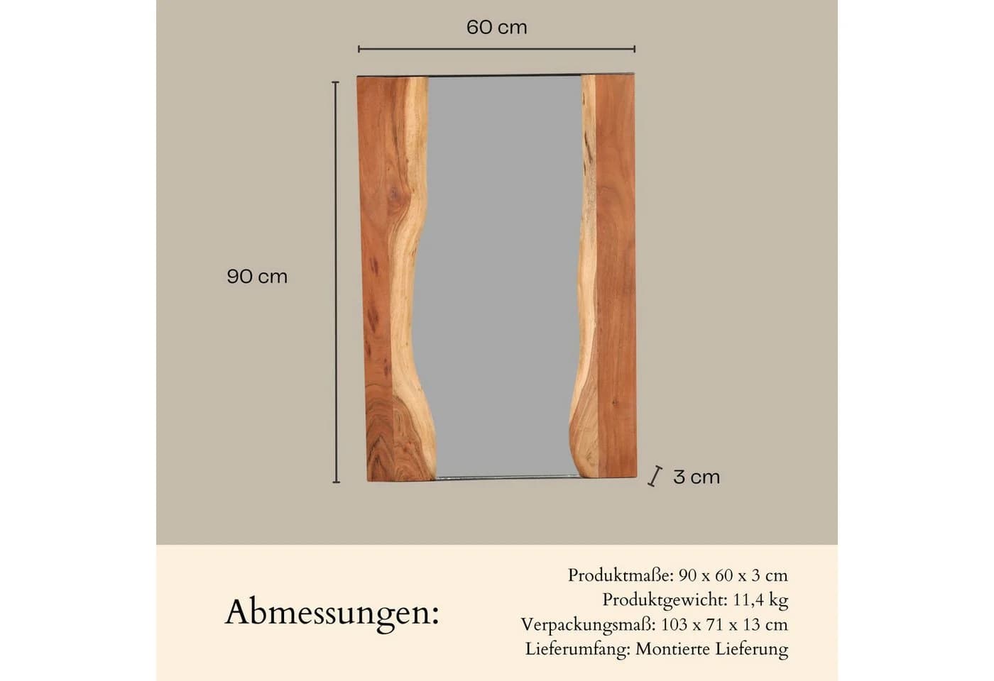 Aduial Wandspiegel 90 cm Massivholz Handarbeit