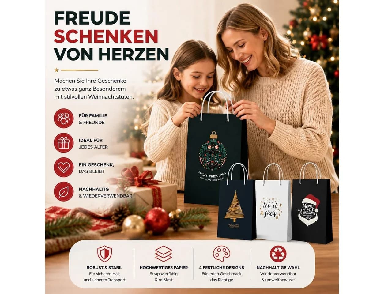 MerryXmas Geschenktüten 12er Set XXL Reißfest