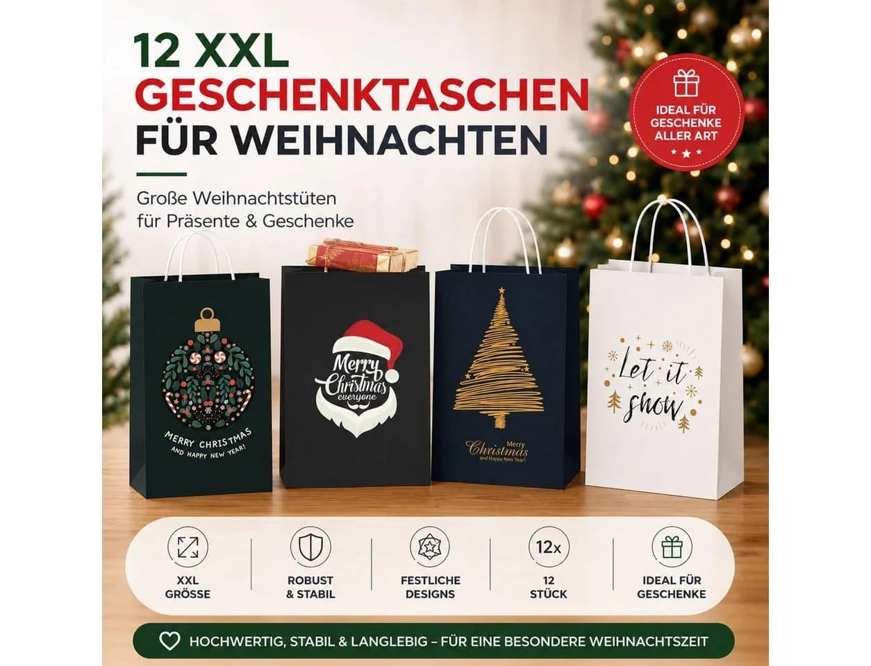 happymas 12er Set XXL-Geschenktaschen Weihnachten Reißfest - Bild 3