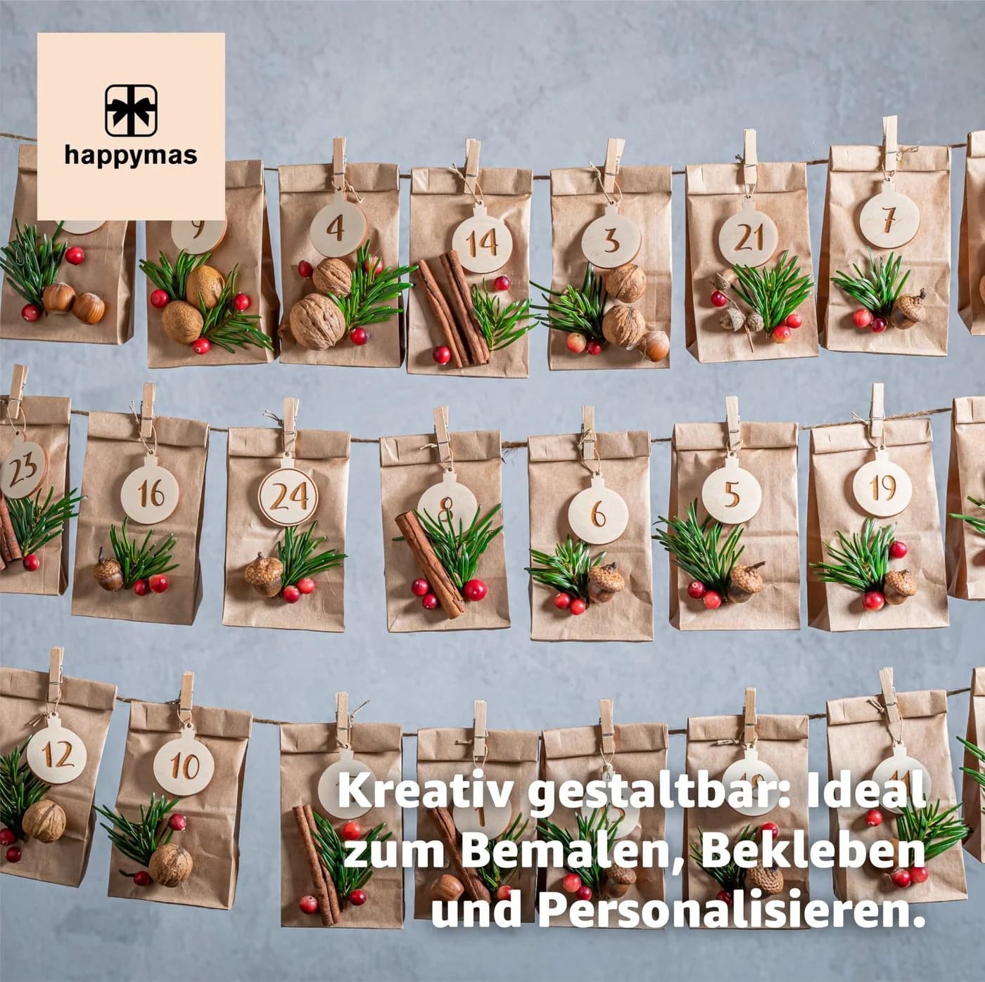 happymas DIY-Adventskalender 50x Kraftpapiertüten Braun - Bild 3
