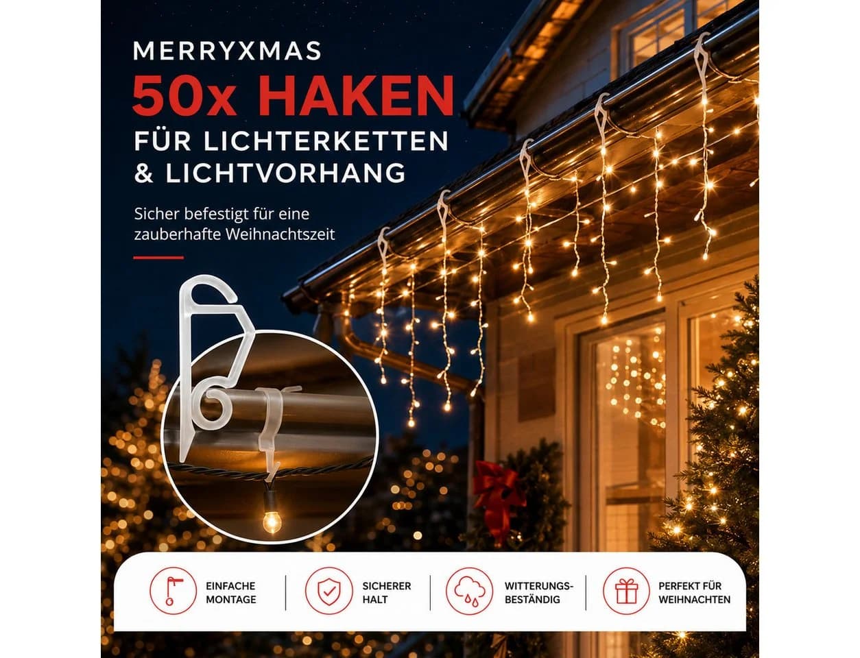 MerryXmas Dekohaken 50 Dachrinnenhaken aus Kunststoff für Lichterketten - Bild 3