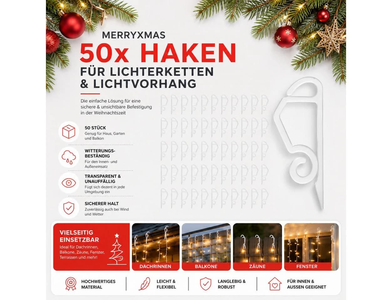 MerryXmas Dekohaken 50 Dachrinnenhaken aus Kunststoff für Lichterketten - Bild 5