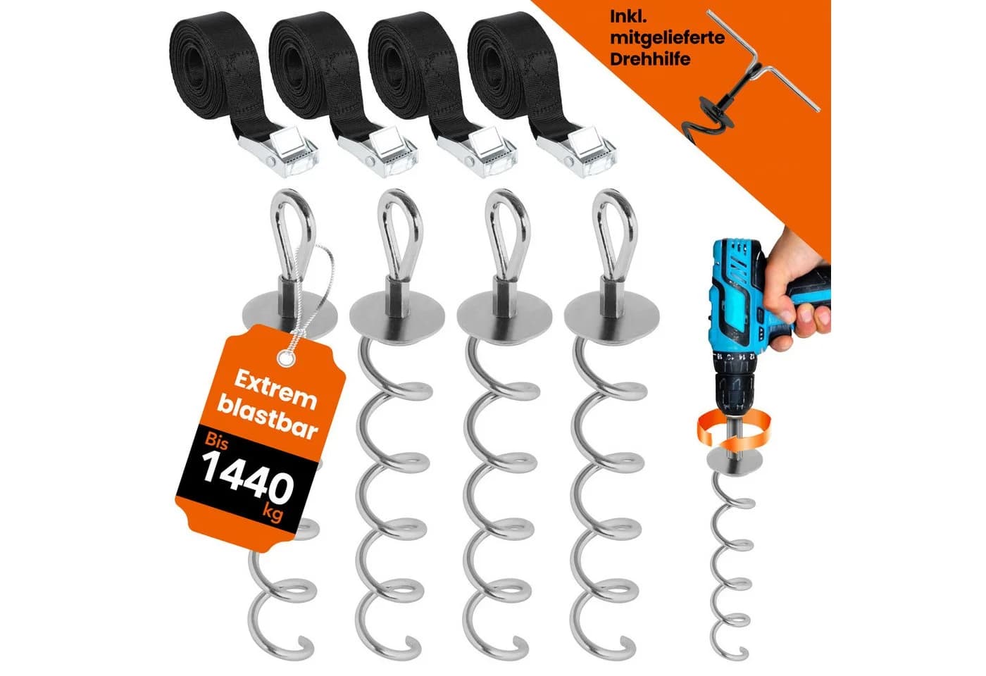 NewHabitat Bodenanker Set 4-tlg. Edelstahl mit Spanngurten & Drehhilfe - Bild 2