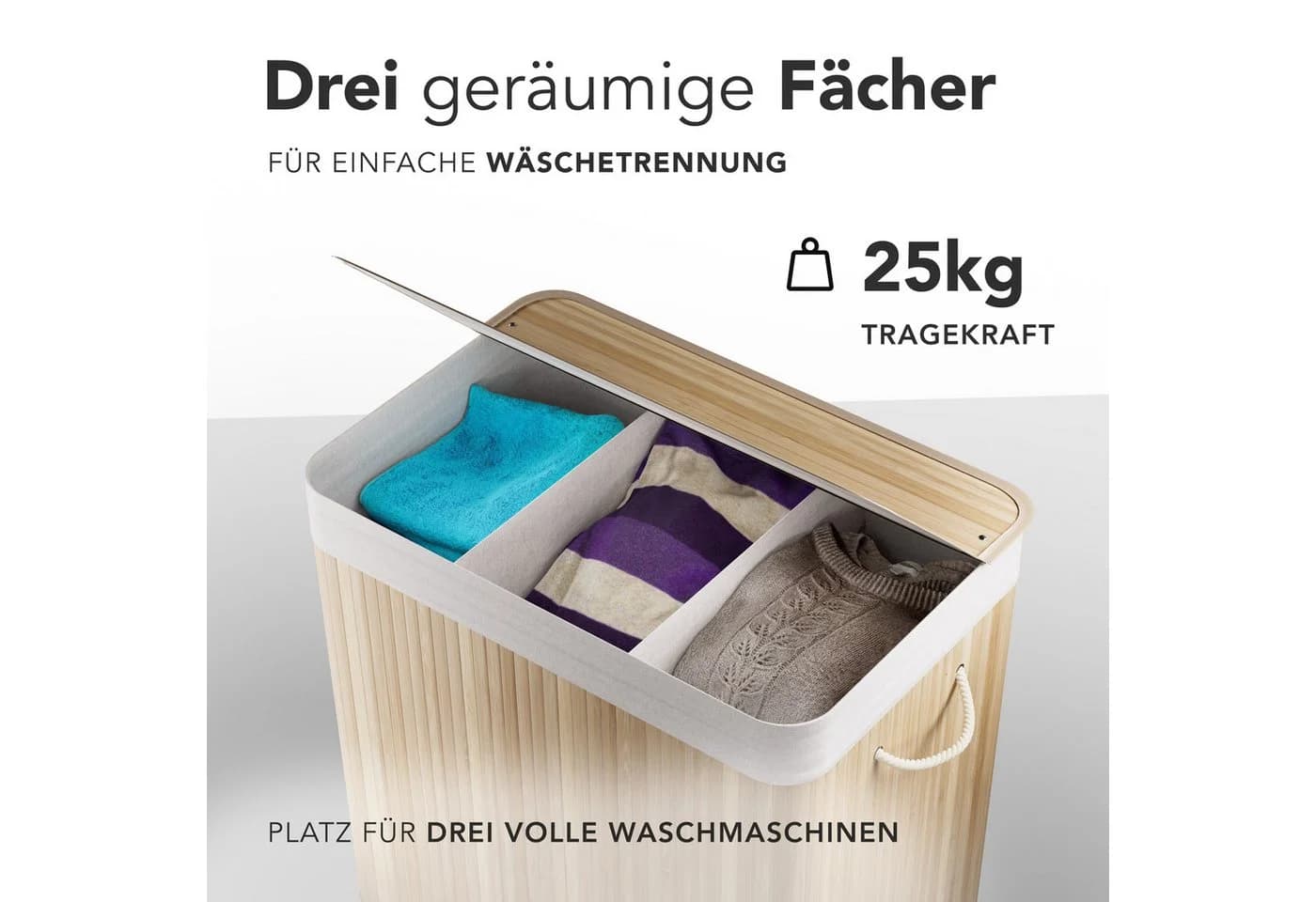 New Habitat Wäschekorb Bambus 3 Fächer 150L mit Deckel - Bild 4