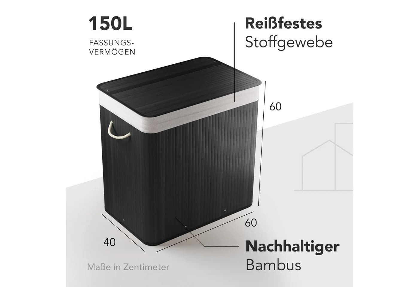 New Habitat Wäschekorb Bambus 3 Fächer 150L mit Deckel & Sack