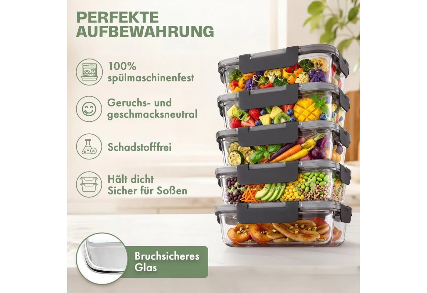 Lemontree Vorratsdose Glas 1040ml Luftdicht Stapelbar - Bild 3