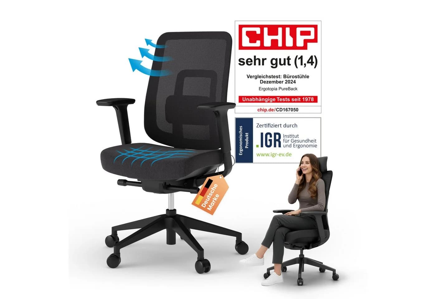 Ergotopia Bürostuhl PureBack Ergonomischer Schreibtischstuhl Schwarz - Bild 2