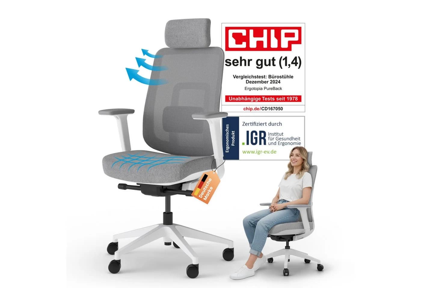 Ergotopia Bürostuhl PureBack Ergonomischer Schreibtischstuhl mit Kopfstütze - Bild 2