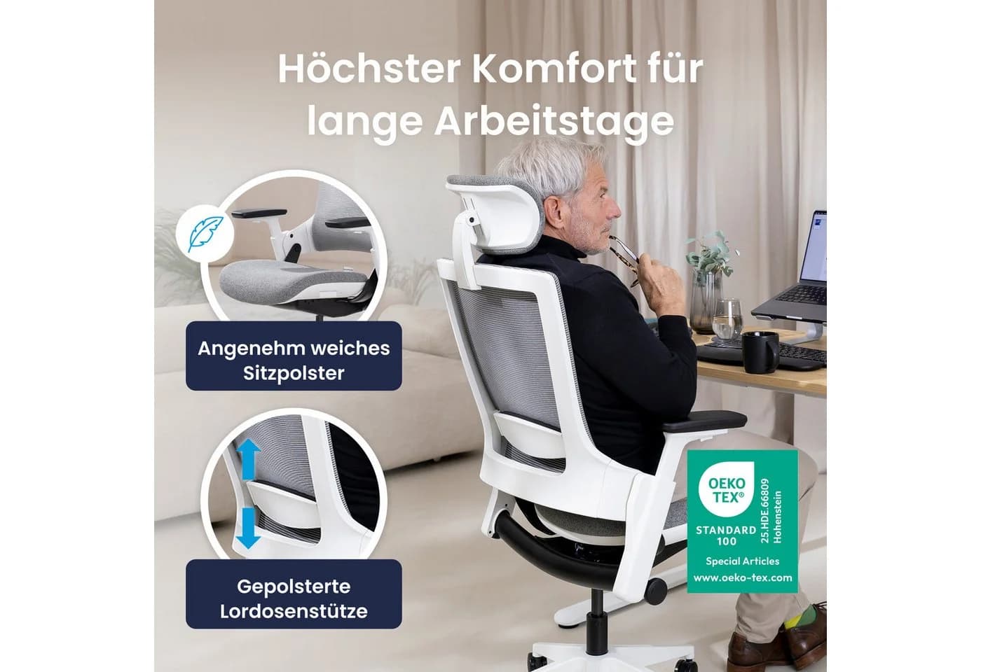 Ergotopia NextBack Bürostuhl Grau-Weiß mit 3D Armlehnen & Kopfstütze - Bild 3