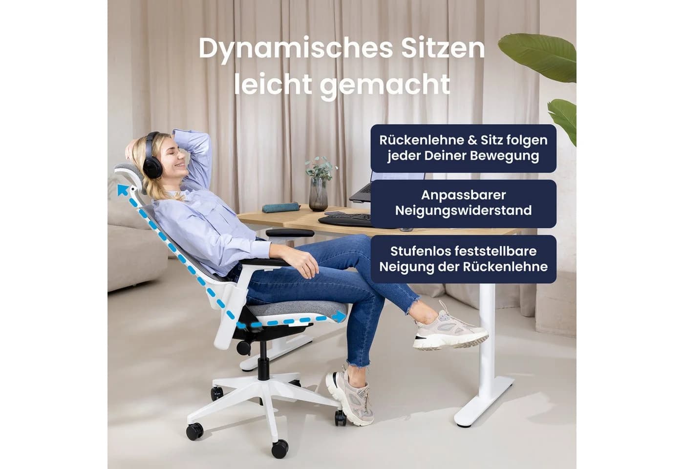 Ergotopia NextBack Bürostuhl Grau-Weiß mit 3D Armlehnen & Kopfstütze - Bild 4