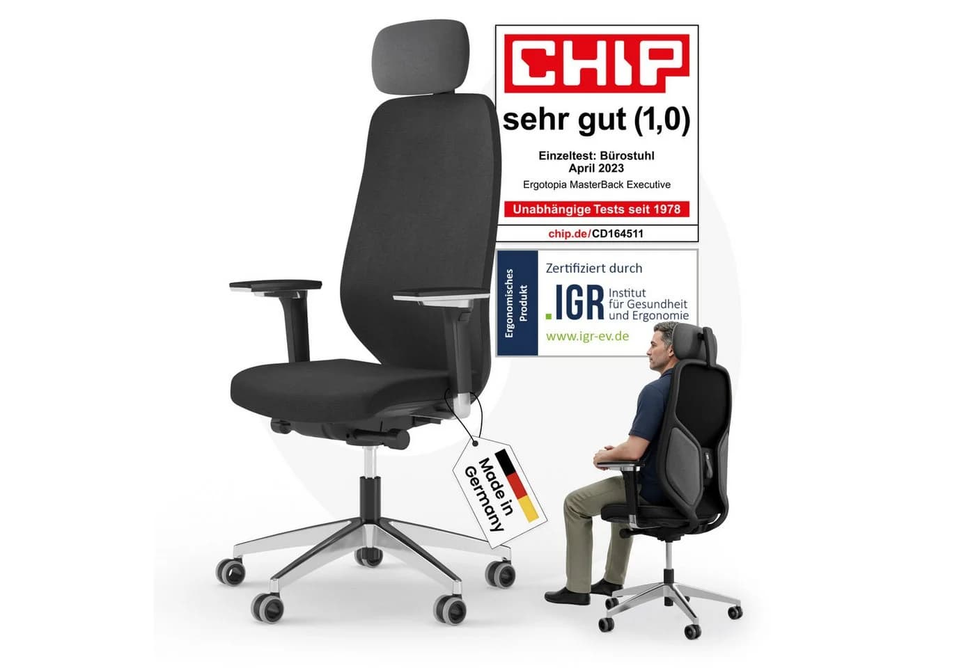 Ergotopia MasterBack Bürostuhl Schwarz Ergonomisch mit Kopfstütze - Bild 2