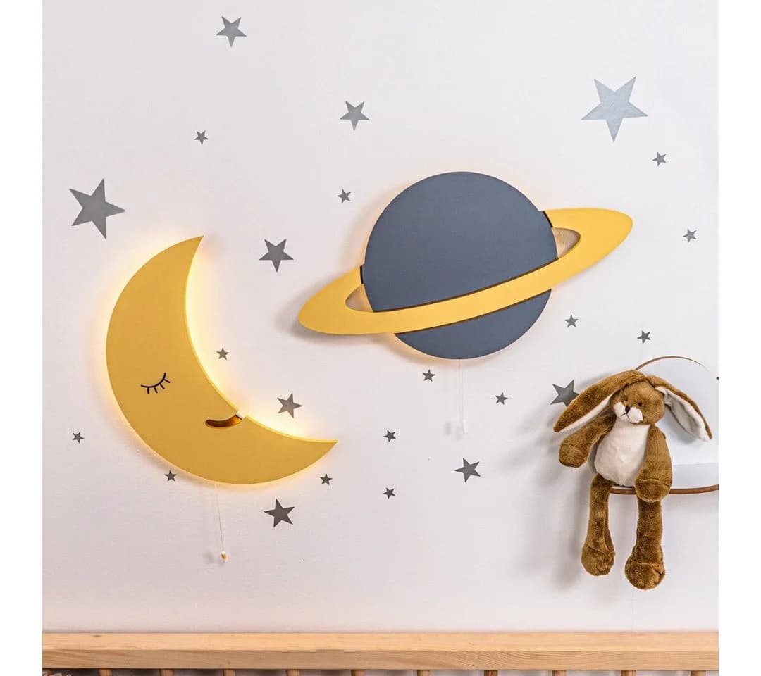 COZYCOLLECTIONS LED Wandleuchte Wandnachtlicht Holzoptik Mond Planet