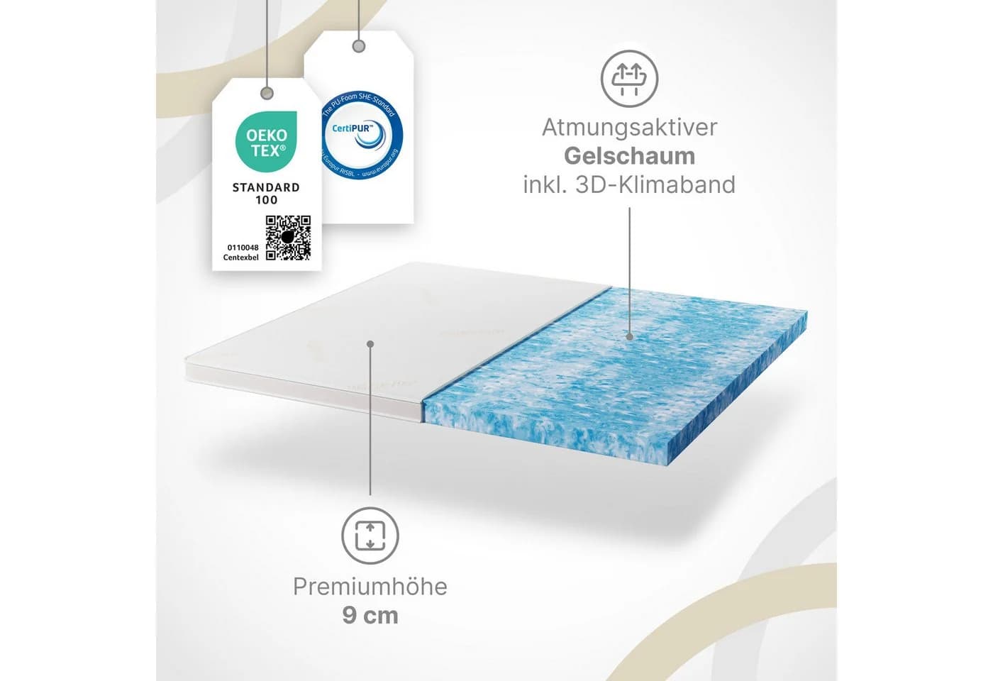 wonello PremiumPLUS GEL Topper 9 cm Gelschaum waschbar 3D-Klimaband - Bild 3