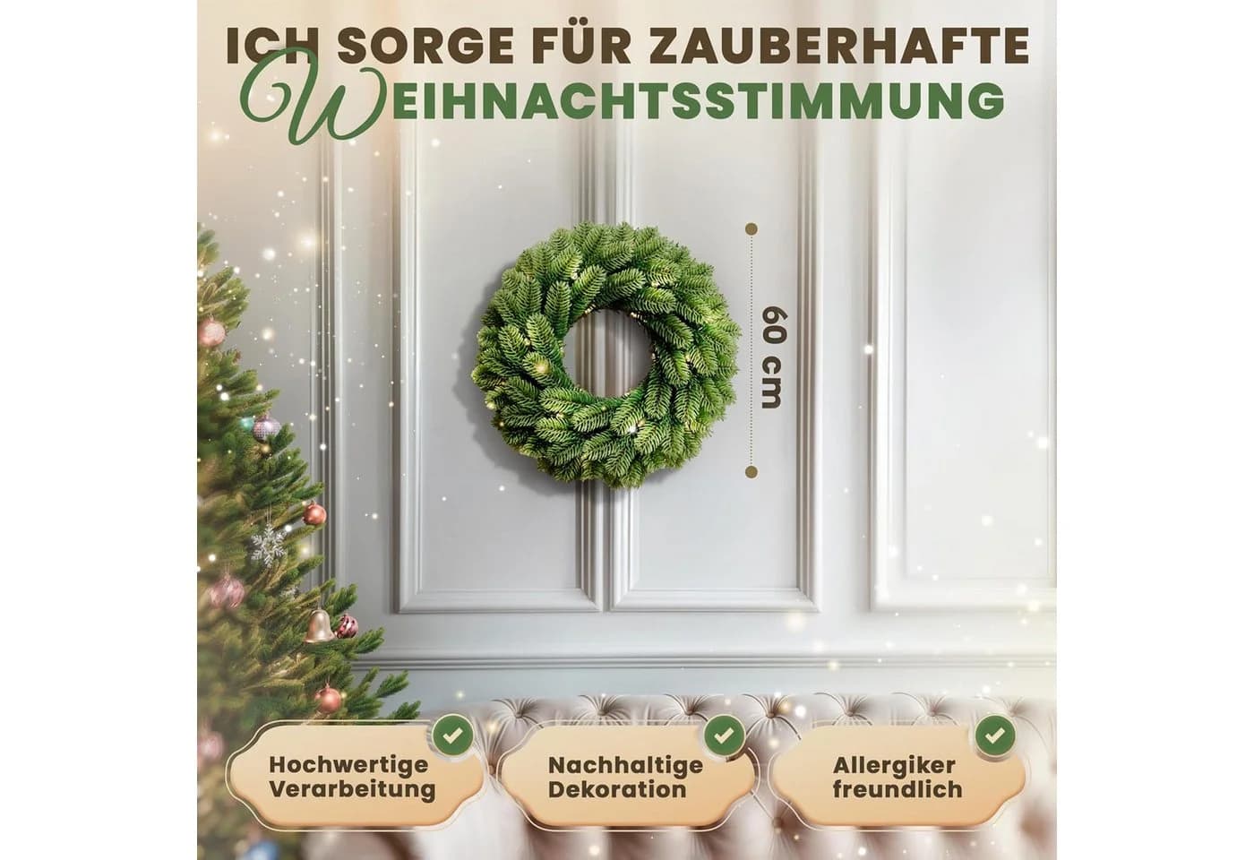 ArtiTree Weihnachtskranz Türkranz künstlich 40-120 cm mit/ohne LED - Bild 3